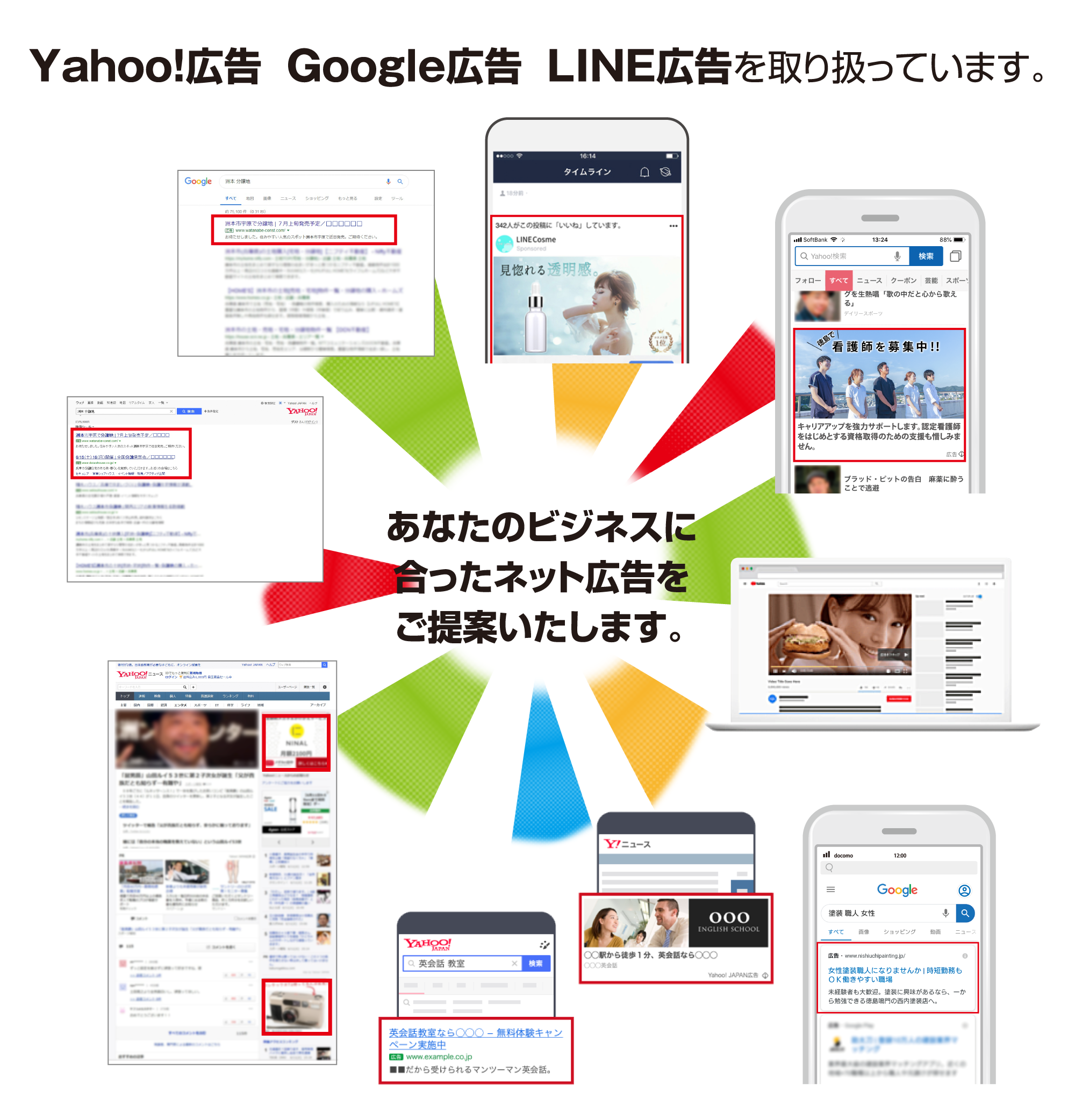 Yahoo!広告・Google広告・LINE広告を取り扱っています。あなたのビジネスに合ったネット広告をご提案いたします。